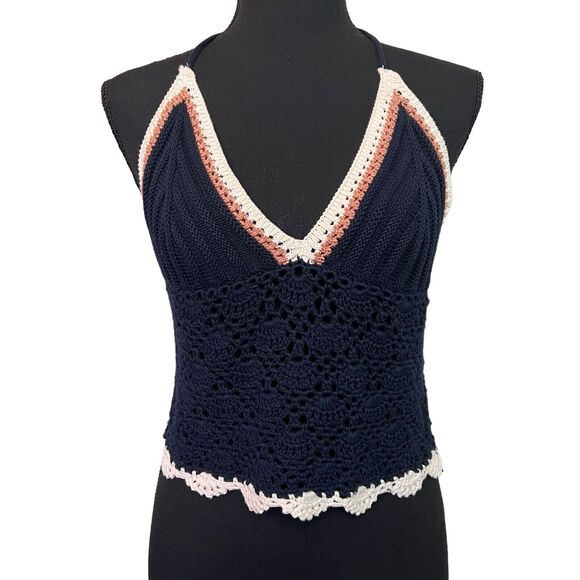 En Crème Size M Navy & Ivory Crochet Halter Sweater‎ Adjustable Tie Straps NWT - Picture 1 of 8